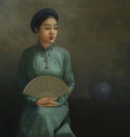 Vu Hai, Ypung Woman with Fan - ArtOfHanoi.com
